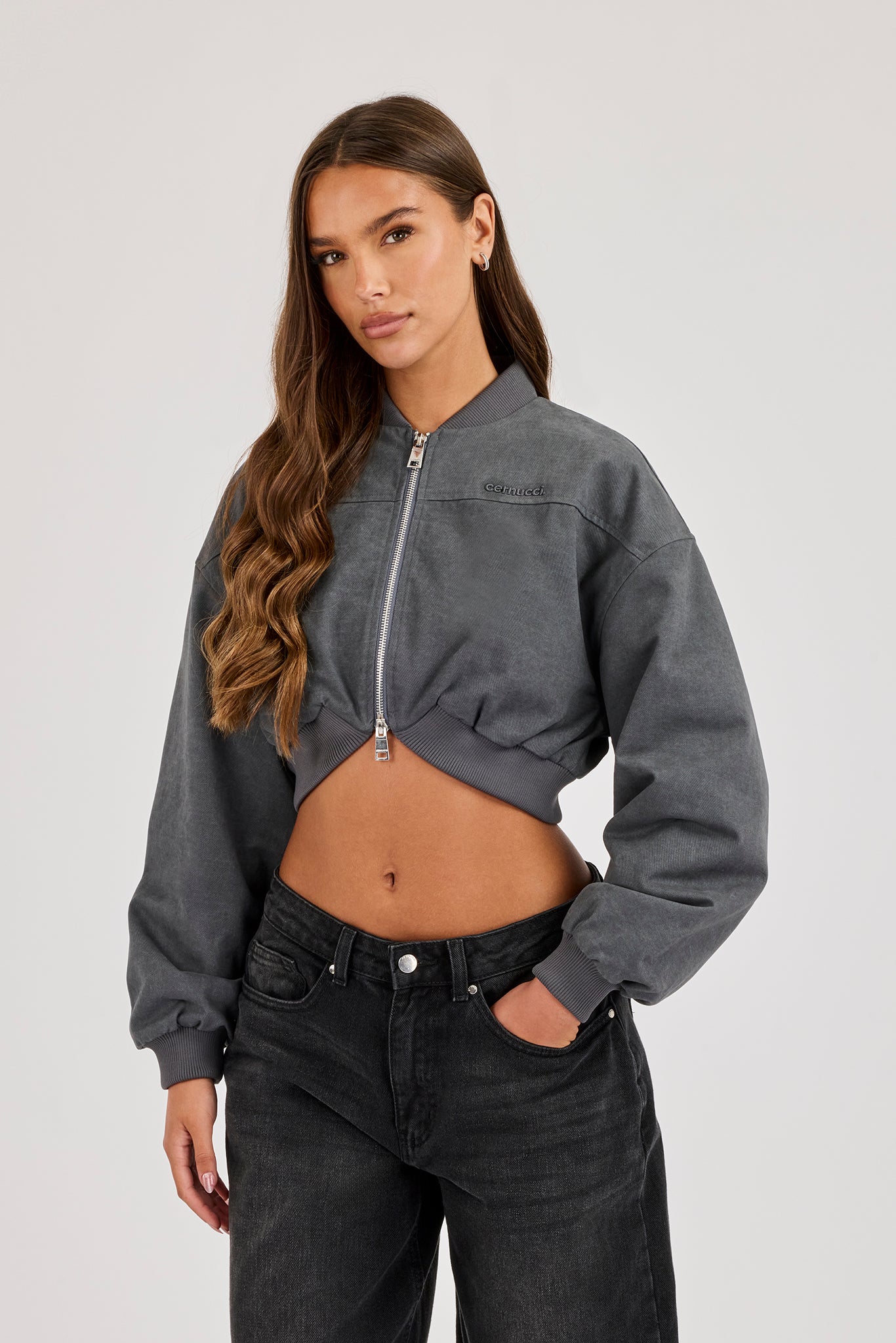 Curved Hem Cropped Bomber Jacket - Grey